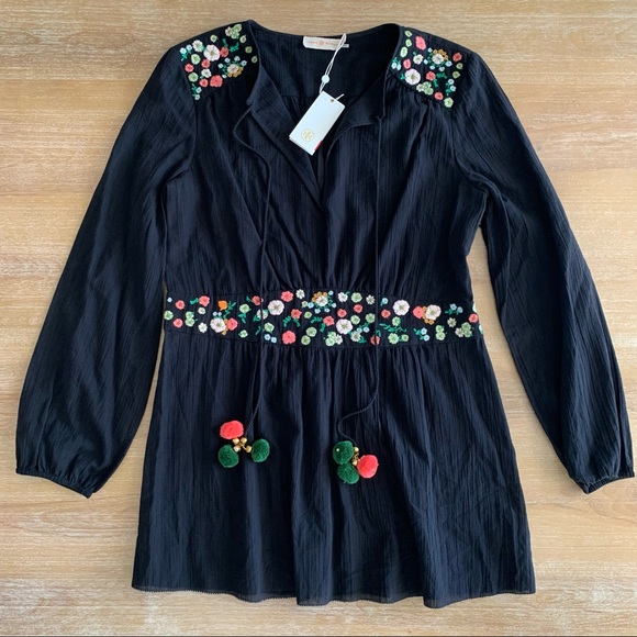 Tory Burch Tops - Tory Burch Black Embroidered Pom Pom Tunic 10